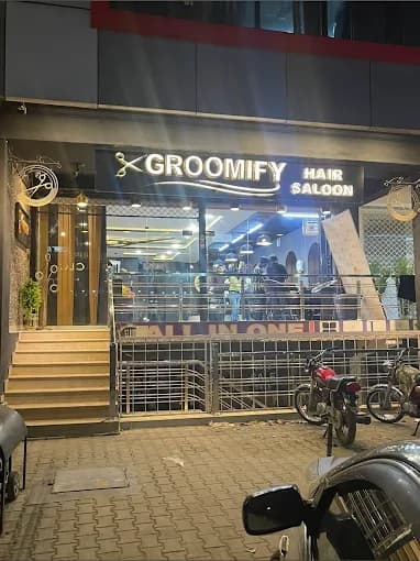 Groomify shopfront, Satellite Town Rawalpindi, at night