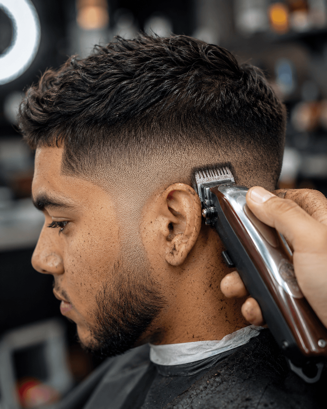 Close-up of a sharp fade haircut in progress at Groomify